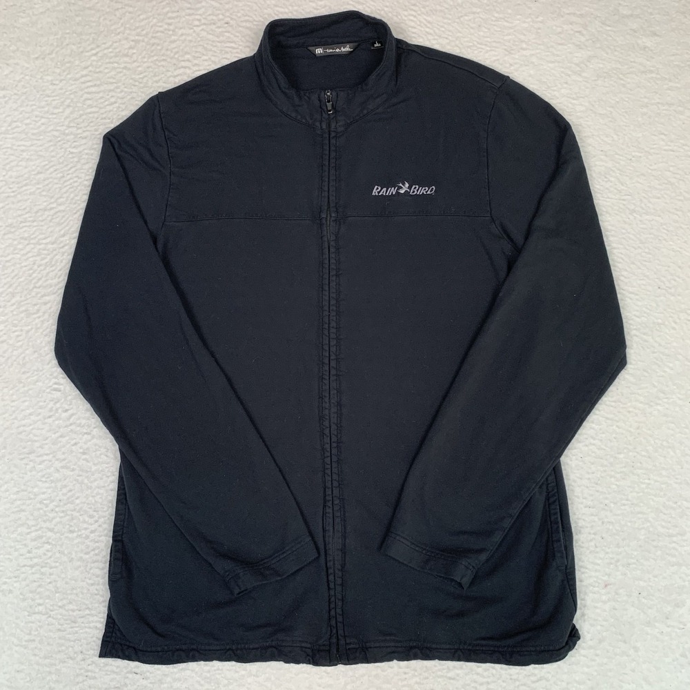 Travis Mathew Full Zip Jacket Mens L Rain Bird Logo Stretch Pockets Black Golf